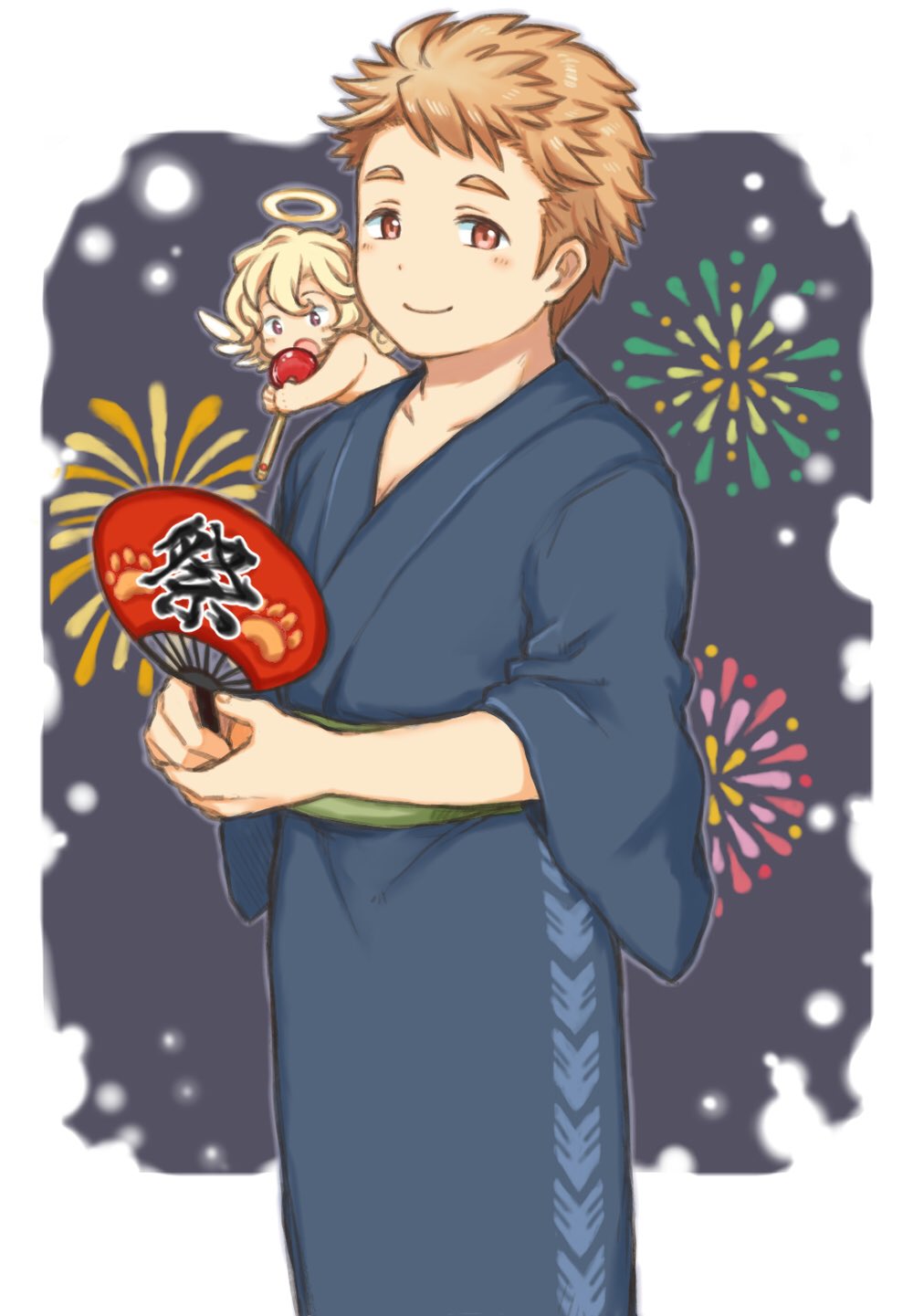 2boys blonde_hair blue_kimono blush border brown_eyes brown_hair candy_apple cherub commentary cowboy_shot cupid_(housamo) feathered_wings firework_background food hand_fan highres holding holding_fan japanese_clothes kimono looking_at_viewer male_focus multiple_boys outside_border paper_fan short_hair sideburns smile summon_lw tareme tennouji_shin&#039;ya tokyo_houkago_summoners uchiwa white_border wings yukata