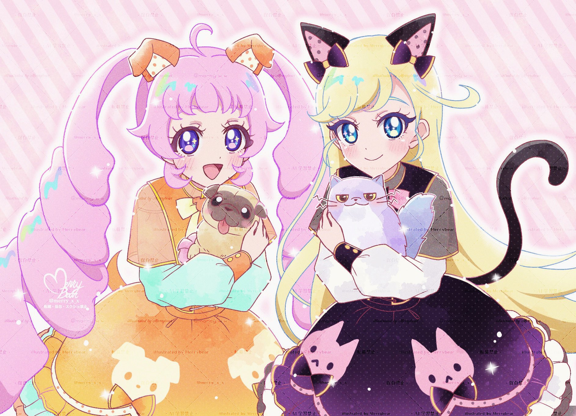 2girls :d animal animal_ears aozora_himari artist_name blonde_hair blue_eyes blush bow cat cat_ears cat_tail comet_(aipri) copyright_notice cowboy_shot dog dog_ears dog_tail dot_nose dress dress_bow drill_hair english_text fake_animal_ears frilled_dress frills fuku-chan_(aipri) hair_bow highres himitsu_no_aipri holding holding_animal hoshikawa_mitsuki long_hair long_sleeves looking_at_viewer merrybear multiple_girls open_mouth orange_dress pet pink_hair pretty_series purple_bow purple_dress purple_eyes signature smile standing star_(symbol) star_in_eye straight_hair symbol_in_eye tail twin_drills twintails twitter_username very_long_hair watermark