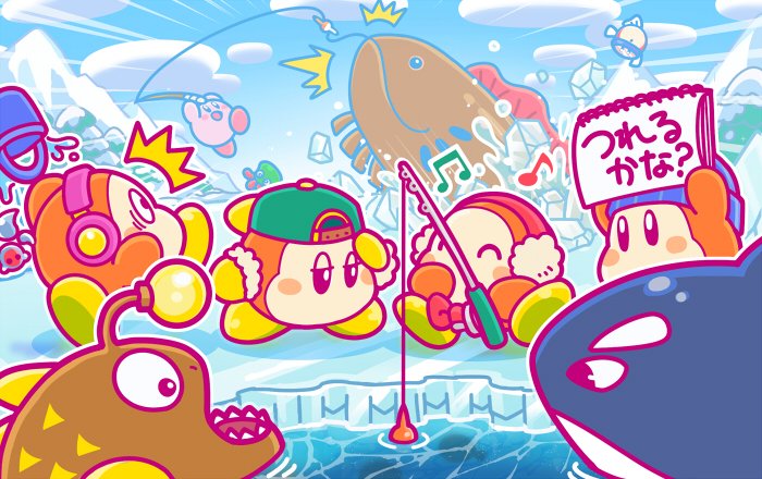 acro_(kirby) anglerfish backwards_hat barbar_(kirby) baseball_cap beanie blipper blue_hat blue_sky blush_stickers bow bowtie bucket cloud commentary_request eel fish fishing fishing_rod glunk_(kirby) goggles green_hat hat headphones ice ice_fishing jitome kirby_(series) nintendo no_humans notepad official_art orca red_neckwear sitting sky spilling squibby surprised sweet_stuff waddle_dee