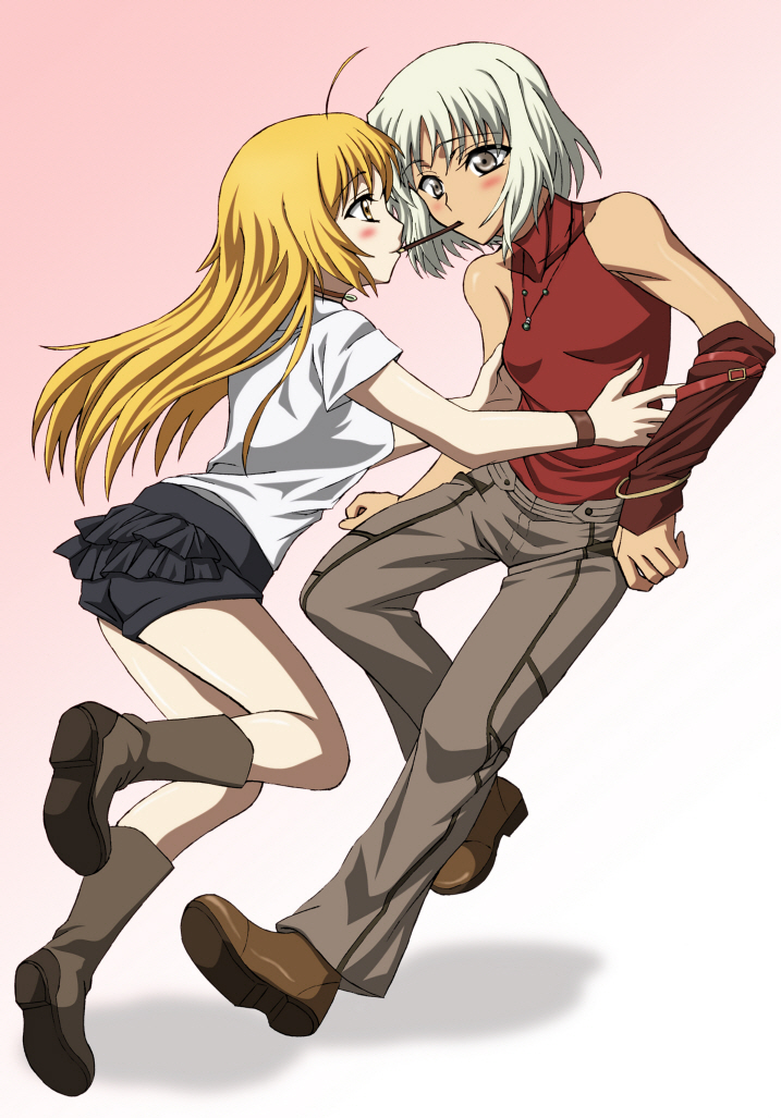 2girls 428 428:_fuusa_sareta_shibuya_de ballpoint_pen_(medium) bare_shoulders blonde_hair blush boots brown_eyes brown_footwear canaan_(character) canaan_(series) commentary food gradient_background graphite_(medium) long_hair multiple_girls oiun oosawa_maria pants pen_(medium) pink_background pocky pocky_kiss red_shirt shared_food shirt shoes short_hair short_shorts short_sleeves shorts sleeveless sleeveless_shirt traditional_media white_background white_hair white_shirt yellow_eyes yuri