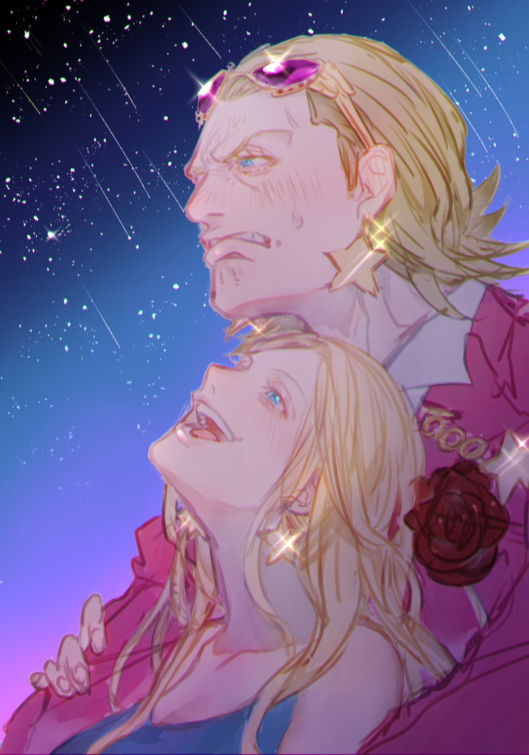 1boy 1girl blonde_hair blue_eyes blush commentary_request couple earrings eyewear_on_head formal_clothes gild_tesoro hair_slicked_back highres jewelry long_hair looking_up muyukikiyoshi11521 night night_sky one_piece one_piece_film:_gold pink-tinted_eyewear pink_suit sky smile star_(sky) starry_sky stella_(one_piece) suit tinted_eyewear