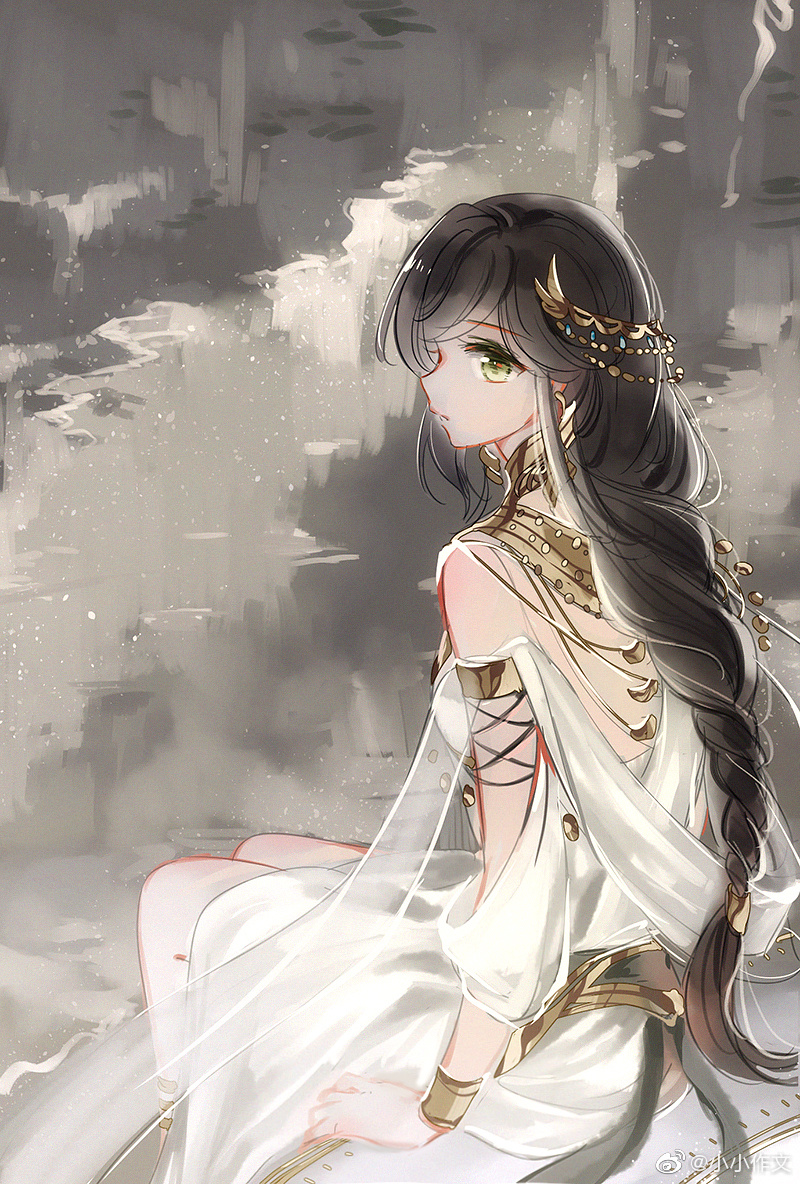 1girl ancient_greek_clothes bare_shoulders black_hair bracer braid chinese_commentary detached_sleeves dress gold_necklace greco-roman_clothes green_eyes hair_ornament head_chain jewelry long_hair long_sleeves looking_at_viewer looking_to_the_side necklace parted_lips peplos profile rosa_(tears_of_themis) single_braid sitting soaking_feet solo swept_bangs tears_of_themis water watermark weibo_watermark white_dress xiao_xiao_zuowen