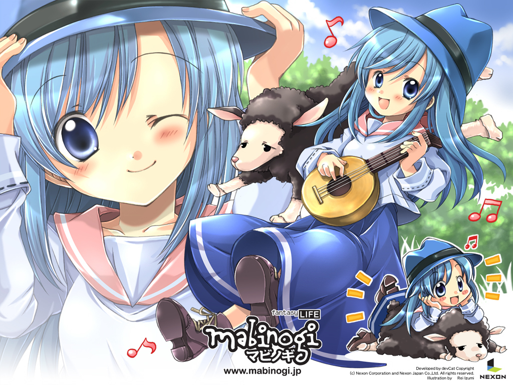 1girl blue_eyes blue_hair blush chibi dress guitar hat instrument izumi_rei lorna lute_(instrument) mabinogi music one_eye_closed pan_(mabinogi) sheep smile wink