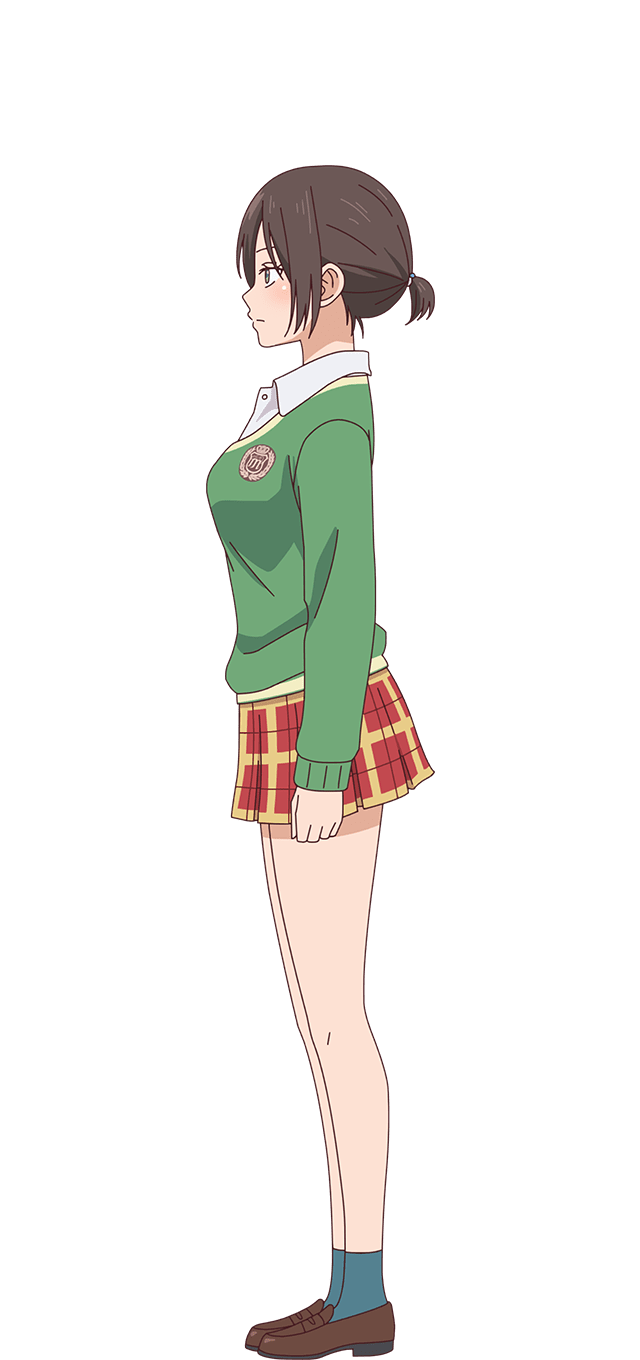1girl ankle_socks aqua_socks arm_at_side blush breasts brown_hair brown_shoes clenched_hand closed_mouth collared_shirt from_side full_body green_eyes green_sweater highres kuroiwa_medaka_ni_watashi_no_kawaii_ga_tsuujinai loafers lone_nape_hair long_sleeves looking_ahead medium_breasts miniskirt official_art open_collar plaid_clothes plaid_skirt pleated_skirt ponytail red_skirt school_emblem school_uniform shirt shirt_under_sweater shoes short_ponytail shounan_asahi sidelocks skirt socks solo standing sweater transparent_background white_shirt