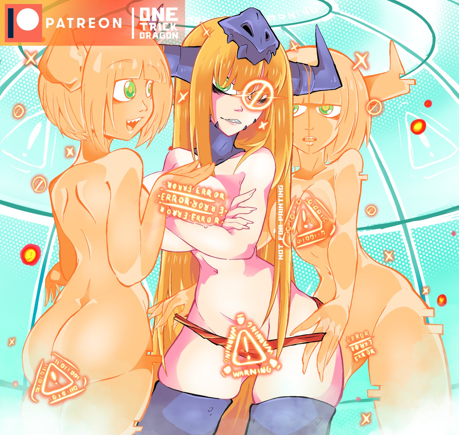 armor breasts diablomon digimon highres horns long_hair looking_at_viewer nude personification sharp_teeth teeth
