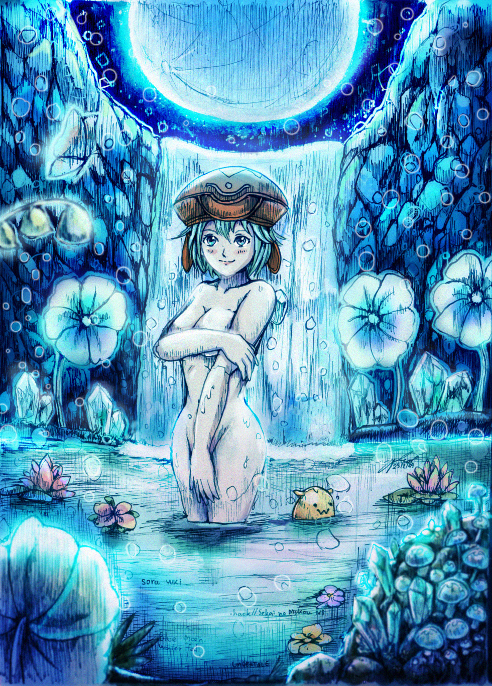 .hack// 1girl breasts cleavage closed_mouth hat highres kite_(.hack//) looking_at_viewer nude short_hair solo