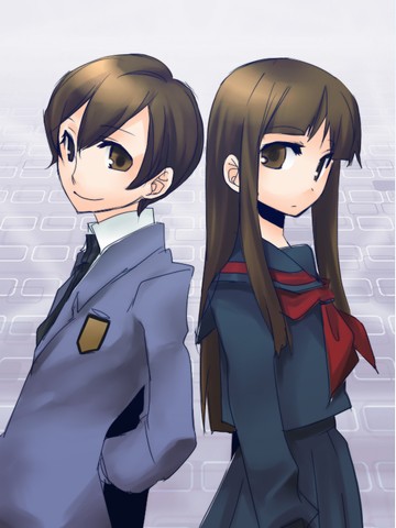 00s 2girls androgynous bk dual_persona fujioka_haruhi lowres mudo_(saji) multiple_girls ouran_high_school_host_club reverse_trap school_uniform serafuku