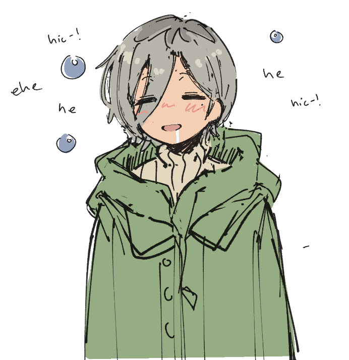 1girl closed_eyes coat dark-skinned_female dark_skin drooling drunk giggling girls_band_cry green_coat grey_hair hair_between_eyes hiccup hood hooded_coat machuuu68 open_mouth rupa_(girls_band_cry) saliva short_hair simple_background sweater white_background