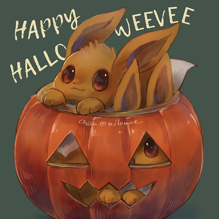 brown_eyes closed_mouth eevee gen_1_pokemon green_background halloween happy_halloween jack-o&#039;-lantern momomo12 nintendo no_humans pokemon pokemon_(creature) pumpkin simple_background smile twitter_username