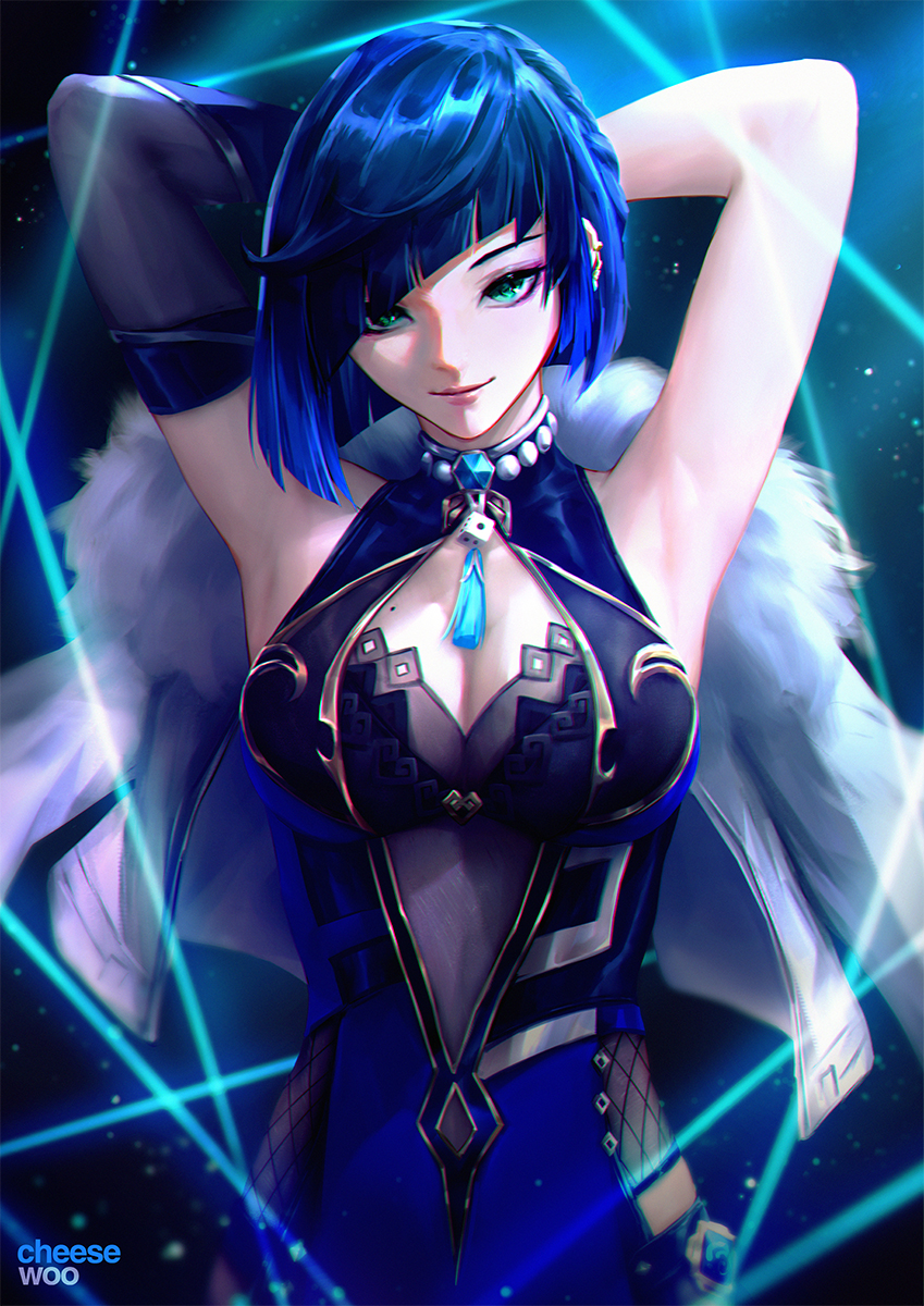 1girl armpits arms_behind_head arms_up artist_name asymmetrical_hair blue_bodysuit bob_cut bodysuit breasts cheesewoo cleavage cleavage_cutout closed_mouth clothing_cutout coat diagonal_bangs dice fishnets fur_coat genshin_impact gold_trim green_eyes highres light_smile lips looking_at_viewer medium_breasts short_hair single_sleeve solo tassel upper_body vision_(genshin_impact) white_coat yelan_(genshin_impact)