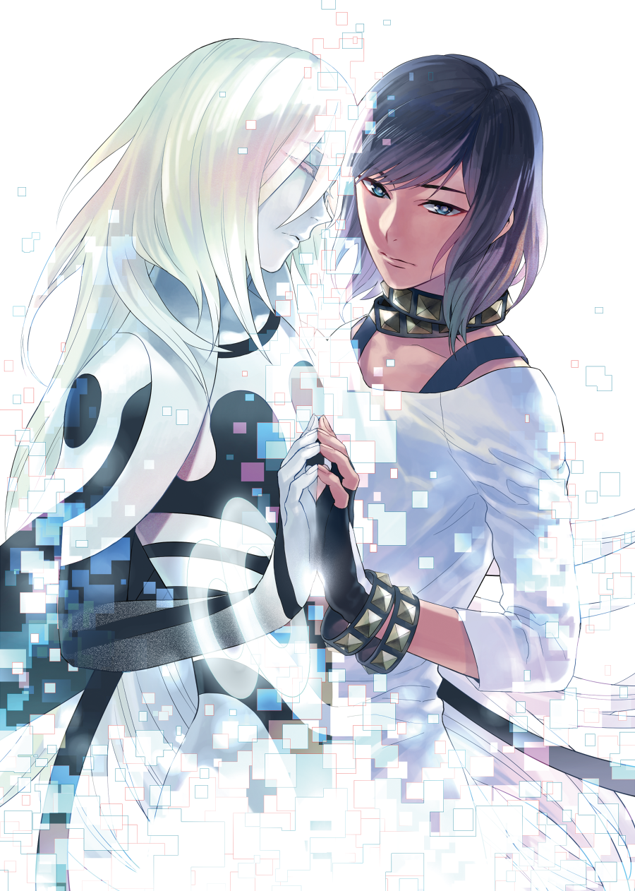 10s 2boys albino androgynous black_hair bracelet collar colored_skin dramatical_murder dual_persona expressionless fingerless_gloves gloves highres holding_hands mosako multiple_boys sei_(dramatical_murder) studded_bracelet studded_collar white_hair white_skin