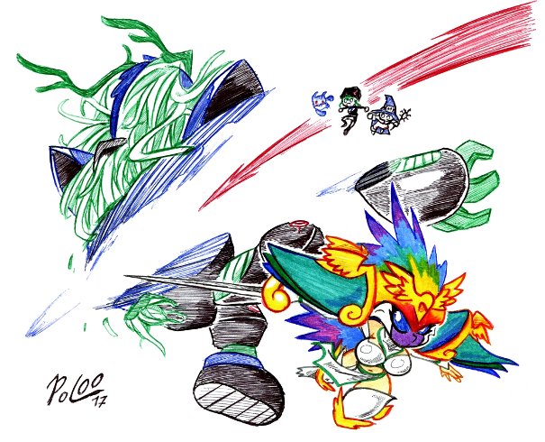 2girls algomon algomon_ultimate ancientirismon armor attack blue_eyes chibi digimon digimon_frontier fighting fighting_stance hat holding holding_sword holding_weapon mask multicolored_hair multiple_girls orimoto_izumi rapier shinomiya_rina shoulder_armor shoulder_pads sword v-mon weapon wizard wizard_hat wizarmon