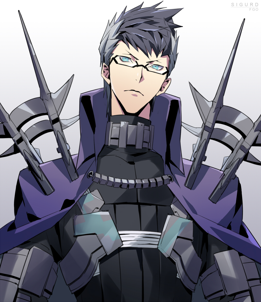 1boy black-framed_eyewear blue_eyes bracer cape cape_clasp character_name closed_mouth collar collared_cape commentary compression_shirt copyright_name fate/grand_order fate_(series) frown glasses high_collar holster looking_at_viewer male_focus metal_collar multicolored_hair purple_cape semi-rimless_eyewear shoulder_spikes sigurd_(fate) simple_background solo spiked_hair spikes straight-on talgi upper_body white_background