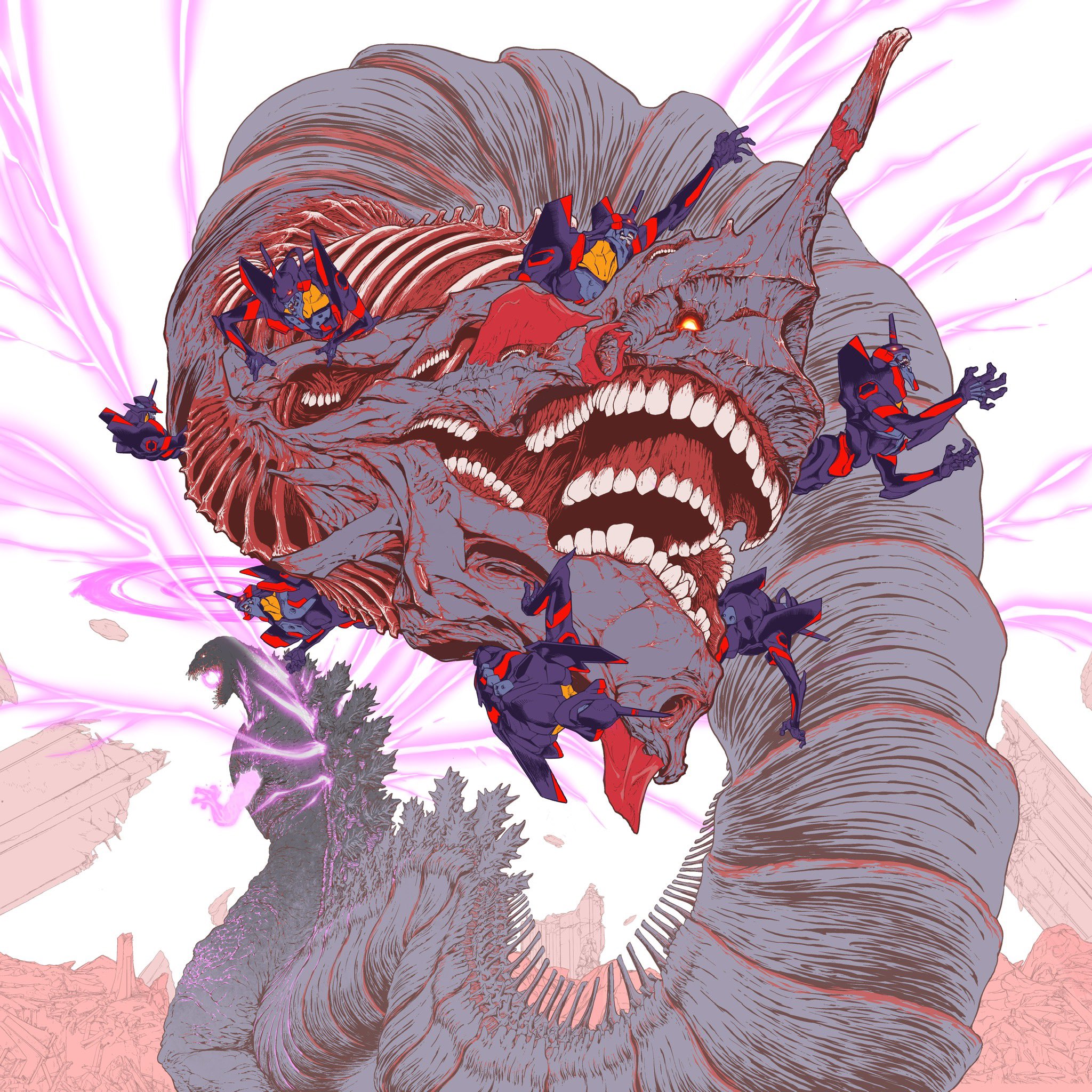 armor biomechanical cityscape commentary dandagouglas energy_wings english_commentary eva_01 evangelion_(mecha) exposed_bone exposed_muscle extra_mouth fusion glowing glowing_eyes godzilla godzilla_(series) godzilla_(shin) halo highres horns kaiju mecha monster multiple_heads neon_genesis_evangelion no_nose open_mouth outdoors purple_armor purple_eyes purple_halo rebuild_of_evangelion red_armor red_eyes robot ruins shin_godzilla single_horn sky spines tail teeth toho white_sky yellow_eyes