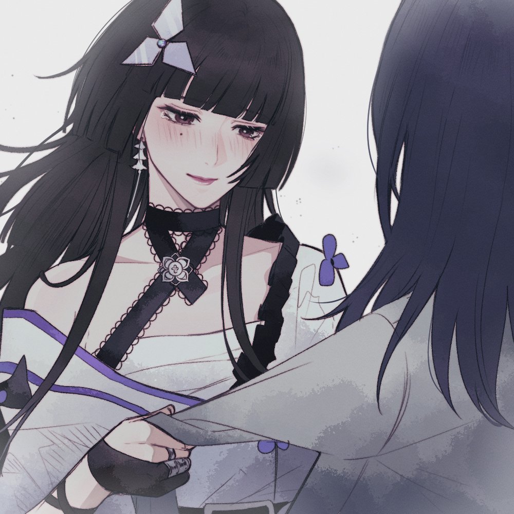 2girls angon623 artist_glove black_hair black_ribbon blunt_bangs blunt_ends blush chest_sarashi chief_(path_to_nowhere) coat collarbone earrings female_chief_(path_to_nowhere) frilled_ribbon frills gloves grey_coat hime_cut japanese_clothes jewelry kimono looking_down mole mole_under_eye multiple_girls multiple_rings neck_ribbon partially_fingerless_gloves path_to_nowhere petal_earrings pink_lips purple_eyes purple_kimono ribbon ring sarashi scene_reference shuriken_hair_ornament single_bare_shoulder single_earring single_off_shoulder sleeve_pull sumire_(path_to_nowhere) tearing_up white_background