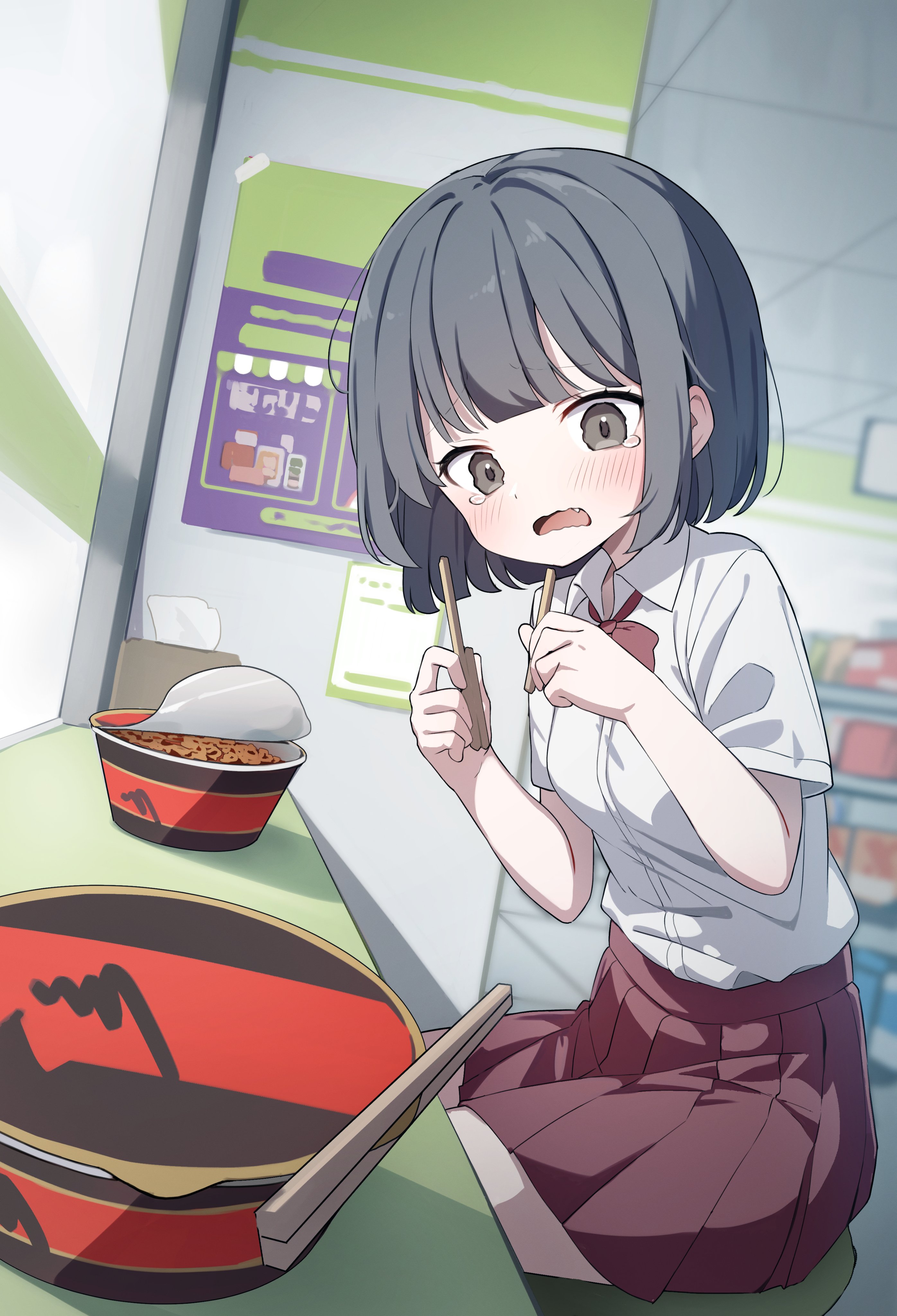 1girl absurdres blurry blurry_background blush bowl chopsticks collared_shirt conveni_(vocaloid) convenience_store crying food grey_hair highres holding holding_chopsticks instant_ramen liyom looking_at_viewer medium_hair noodles open_mouth pack_noodles ramen red_ribbon red_skirt ribbon shirt shop sitting skirt solo white_shirt