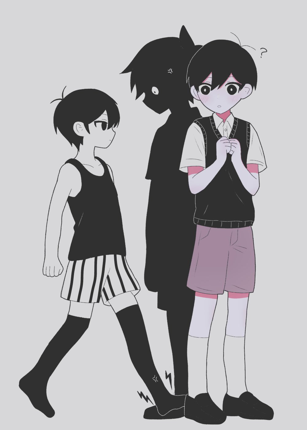 3boys ? anger_vein antenna_hair back-to-back bare_arms bare_shoulders black_eyes black_hair black_shoes black_skin black_sweater_vest black_tank_top black_thighhighs bright_pupils brown_shorts closed_mouth collarbone collared_shirt colored_skin double-parted_bangs dual_persona empty_eyes film_grain full_body grey_background hair_behind_ear hair_between_eyes hand_on_own_hip highres lightning_bolt_symbol loafers multiple_boys no_pupils omori omori_(omori) over-kneehighs parted_lips profile saji_neko shirt shoes short_hair short_sleeves shorts simple_background socks standing stranger_(omori) striped_clothes striped_shorts sunny_(omori) sweater_vest tank_top thighhighs vertical-striped_clothes vertical-striped_shorts very_short_hair white_eyes white_pupils white_shirt white_shorts white_socks wide-eyed