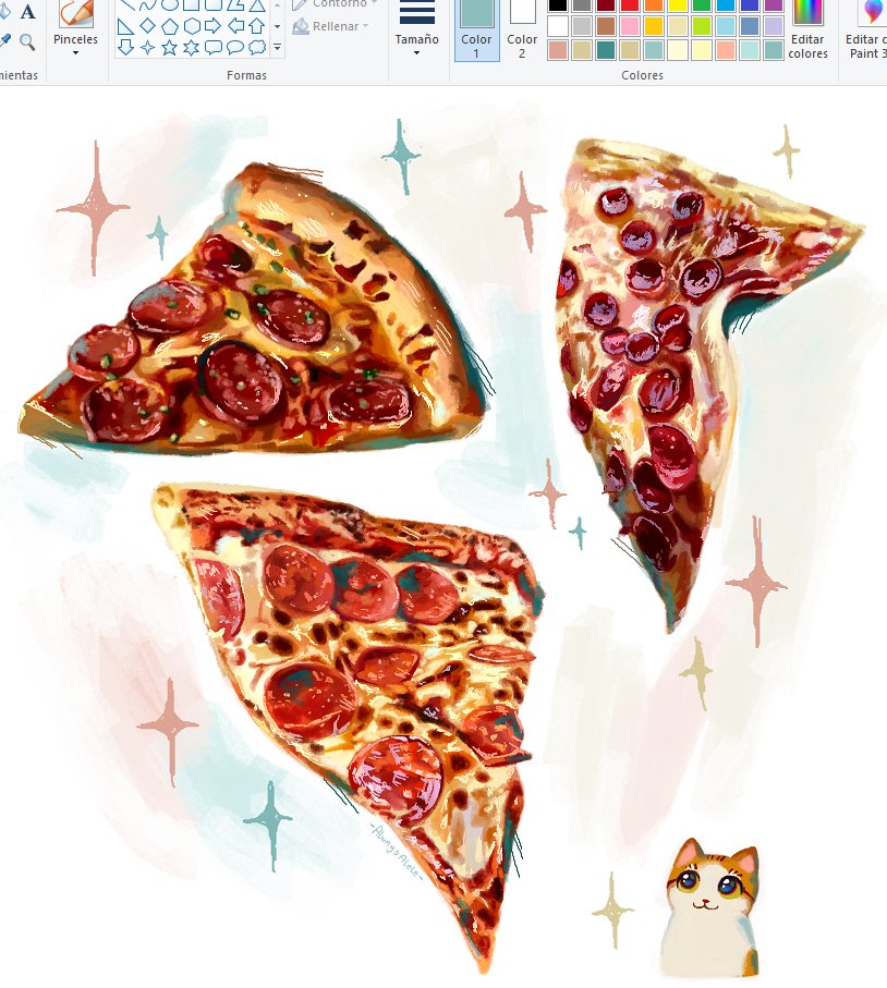 alwaysalele art_program_in_frame cat commentary food food_focus microsoft_paint_(medium) microsoft_paint_(software) no_humans original pepperoni pepperoni_pizza pizza pizza_slice sparkle tagme white_background