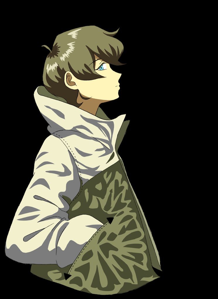1boy black_background blue_eyes brown_hair closed_mouth from_side hands_in_pockets hood hood_down jacket long_sleeves looking_at_viewer male_focus manakoko multicolored_jacket profile short_hair simple_background solo two-tone_jacket un-go yuuki_shinjuurou