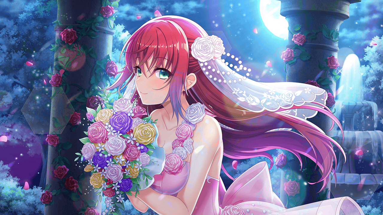 1girl akai_asaka bare_shoulders black_flower black_rose blue_flower blue_rose blush bouquet breasts bridal_veil bride cloud collarbone confession crescent_moon deep_one_kyomu_to_mugen_no_fragment dress dress_flower earrings flower flower_ornament full_moon gloves green_eyes green_flower hair_ornament holding holding_bouquet jewelry long_hair looking_at_viewer moon moonlight natsuhiko night night_sky non-circular_lens_flare non-web_source orange_flower petals pink_flower pink_rose purple_flower purple_rose red_flower red_hair red_rose rose rose_petals sky smile solo star_(sky) starry_sky veil wedding wedding_dress white_flower white_rose yellow_flower yellow_rose