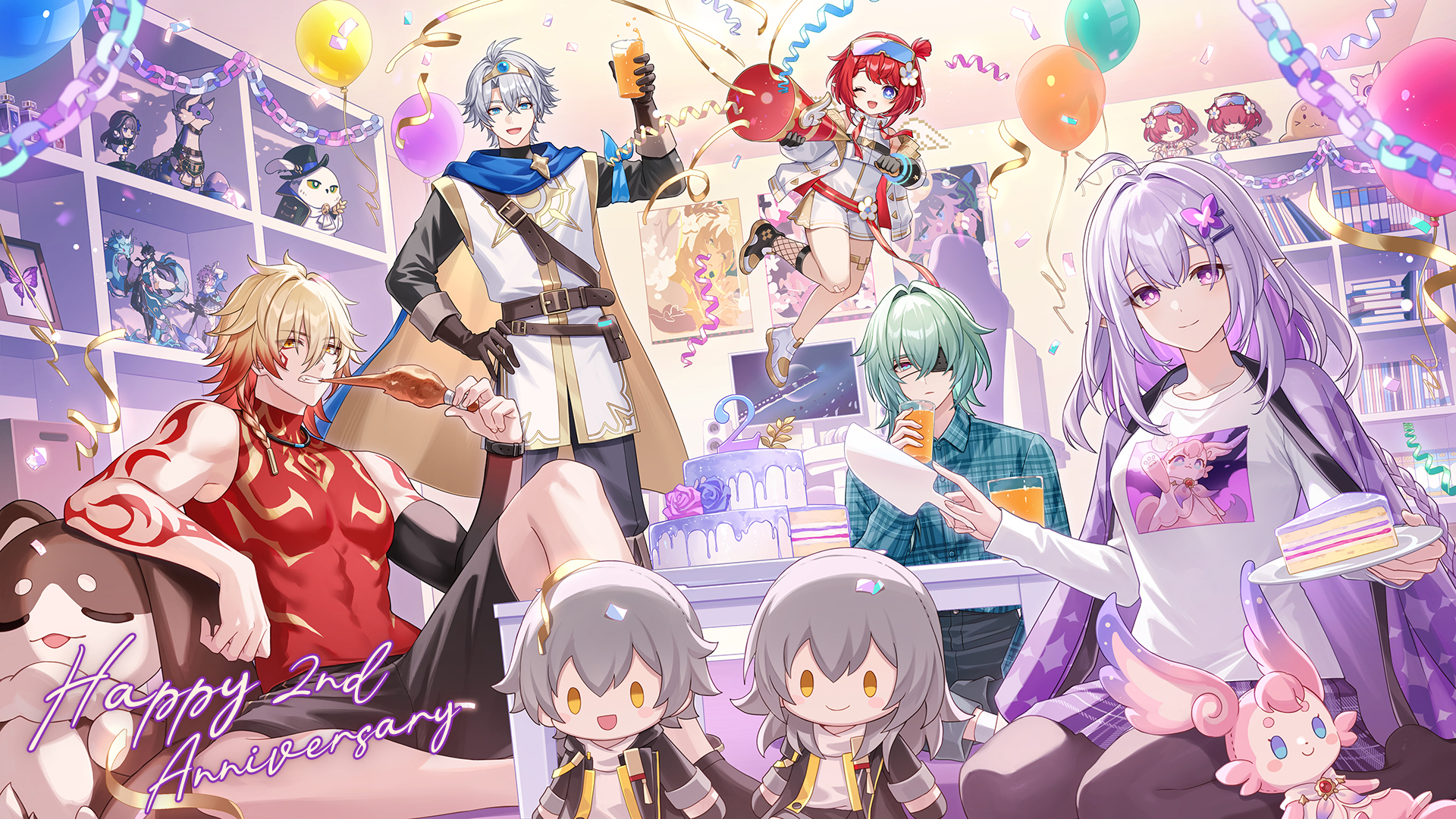 2girls 3boys ahoge amaichi_esora anaxa_(honkai:_star_rail) balloon black_pantyhose bookshelf bright_pupils butterfly_hair_ornament caelus_(honkai:_star_rail) cake cake_slice castorice_(honkai:_star_rail) character_doll closed_mouth dan_heng_(honkai:_star_rail) dan_heng_(imbibitor_lunae)_(honkai:_star_rail) food hair_ornament happy_anniversary herta_(honkai:_star_rail) highres holding holding_knife holding_plate honkai:_star_rail honkai_(series) hoyofair indoors knife long_hair long_sleeves looking_at_viewer march_7th_(honkai:_star_rail) mem_(honkai:_star_rail) multiple_boys multiple_girls mydei_(honkai:_star_rail) official_alternate_costume official_art pantyhose phainon_(honkai:_star_rail) plate pointy_ears purple_eyes purple_hair purple_skirt second-party_source shirt sitting skirt smile stelle_(honkai:_star_rail) trailblazer_(honkai:_star_rail) trianne_(honkai:_star_rail) tribbie_(honkai:_star_rail) trinnon_(honkai:_star_rail) white_pupils white_shirt