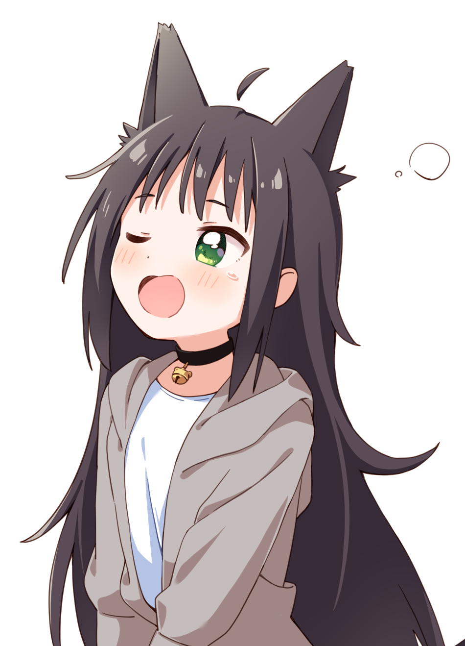 1girl ;o ahoge animal_ears ayakashiko black_choker blush brown_hair choker commission detached_ahoge fox_ears green_eyes grey_hoodie haru_(konomi_150) highres hood hood_down hoodie long_hair long_sleeves nene_(ayakashiko) one_eye_closed open_clothes open_hoodie pixiv_commission shirt sidelocks solo squeans upper_body white_shirt yawning