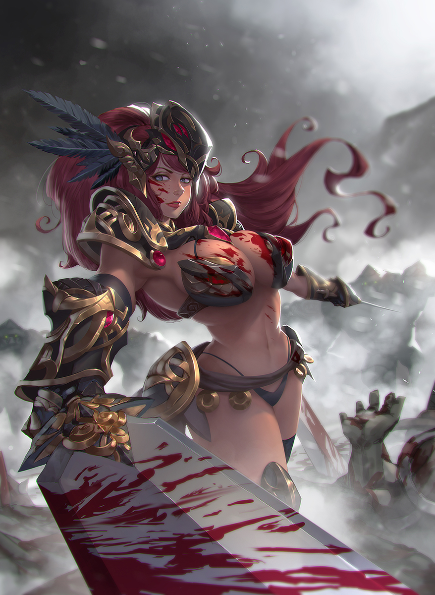1girl armor big_hair bikini_armor blood blood_on_breasts blood_on_face bloody_weapon blue_eyes breasts cleavage curvy death dual_wielding feather_hair_ornament feathers foreshortening gauntlets hachifuku feather_hair_ornament highres holding large_breasts lips long_hair looking_at_viewer navel original parted_lips red_hair shoulder_pads solo_focus sword thighhighs weapon wide_hips
