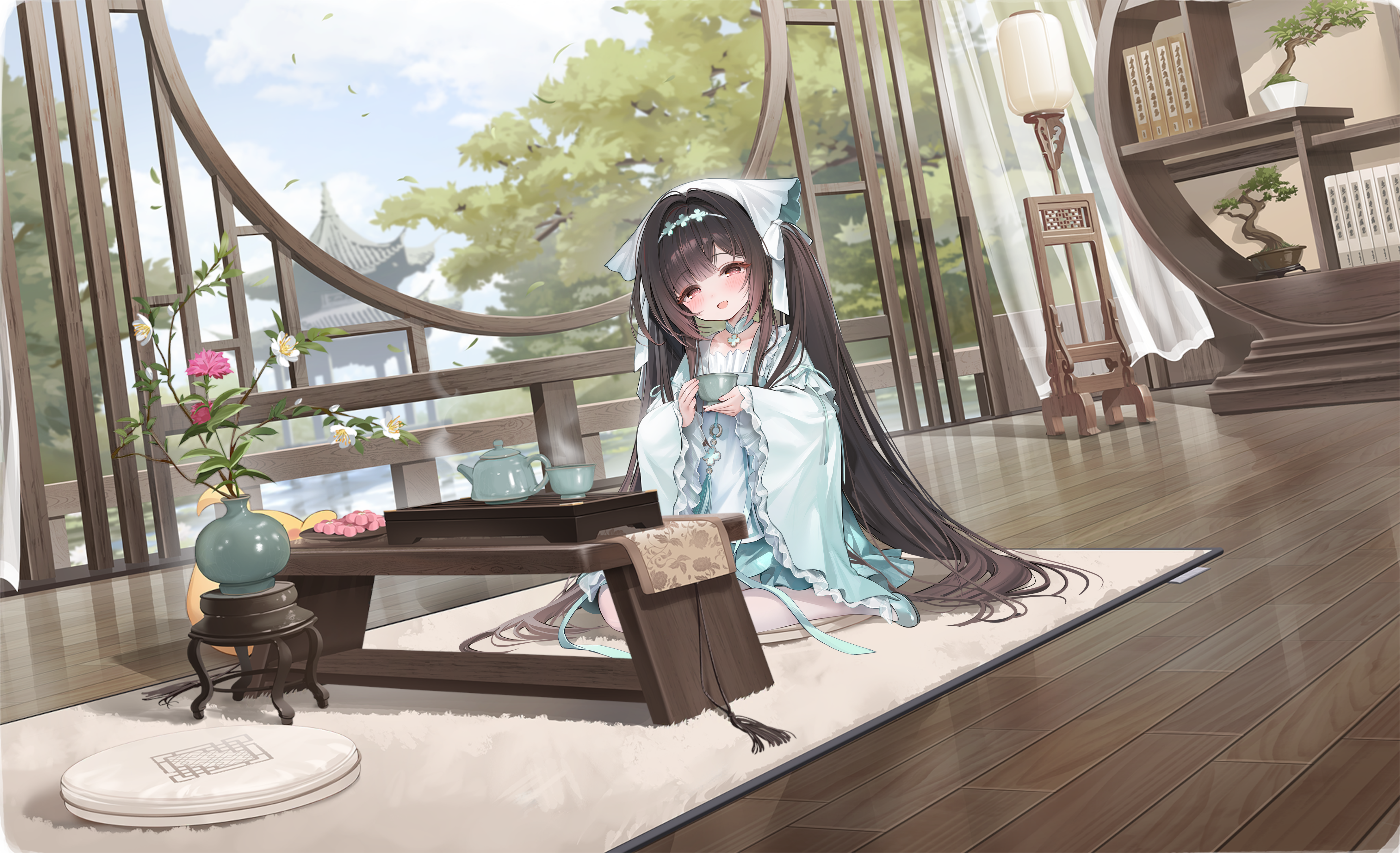 1girl absurdly_long_hair absurdres apron aqua_choker aqua_dress aqua_ribbon architecture artist_request azur_lane bird black_hair blue_sky blunt_bangs blush book brown_eyes carpet chair chang_feng_(a_sky_blue_eclipsing_jade)_(azur_lane) chang_feng_(azur_lane) check_artist chinese_clothes choker cloud collarbone cup curtains cushion day dress east_asian_architecture floor flower flower_pot frilled_dress frilled_sleeves frills hair_ornament hairband head_tilt headscarf highres holding holding_cup indoors kettle lamp lantern layered_sleeves leaf long_hair long_sleeves looking_at_viewer non-web_source nys official_alternate_costume official_art on_cushion open_mouth pantyhose pink_flower plant plate potted_plant ribbon round_window shoes sitting sky smile solo steam table tea tea_set teacup teapot tree twintails vase very_long_hair wariza white_flower white_pantyhose wide_sleeves window wooden_floor wooden_table