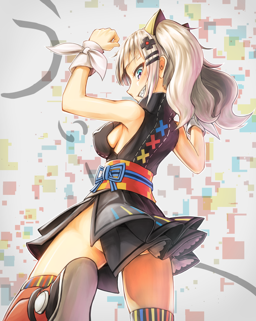 1girl bare_shoulders black_dress blue_eyes breasts dress eyebrows eyelashes facing_away female_focus fingernails from_behind grin hair_ornament hairclip iroia kaguya_luna long_hair looking_back medium_breasts multicolored_background multicolored_eyes no_bra obi over-kneehighs purple_eyes red_thighhighs ribbon sash sharp_teeth short_dress side_slit sideboob sideways_mouth silver_hair sleeveless sleeveless_dress smile solo striped_ribbon teeth the_moon_studio thighhighs tsurime turtleneck twintails vertical_stripes virtual_youtuber white_ribbon wrist_ribbon wristband x_hair_ornament zettai_ryouiki