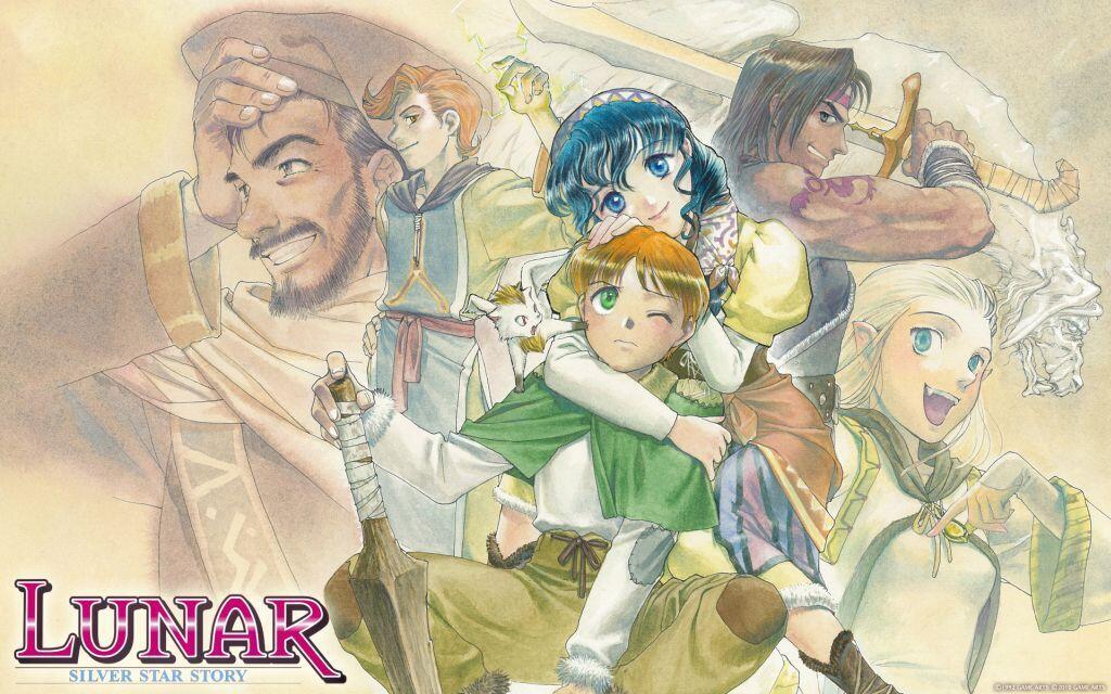 1990s_(style) 2girls alex_noah bandana blonde_hair blue_eyes blue_hair breasts closed_mouth dragon dress funato_akari hat jessica_de_alkirk kyle_(lunar) laike long_hair looking_at_viewer luna_noah lunar:_the_silver_star multiple_boys multiple_girls nall_(lunar) nash_rumack one_eye_closed open_mouth pointy_ears quark retro_artstyle short_hair smile sword weapon