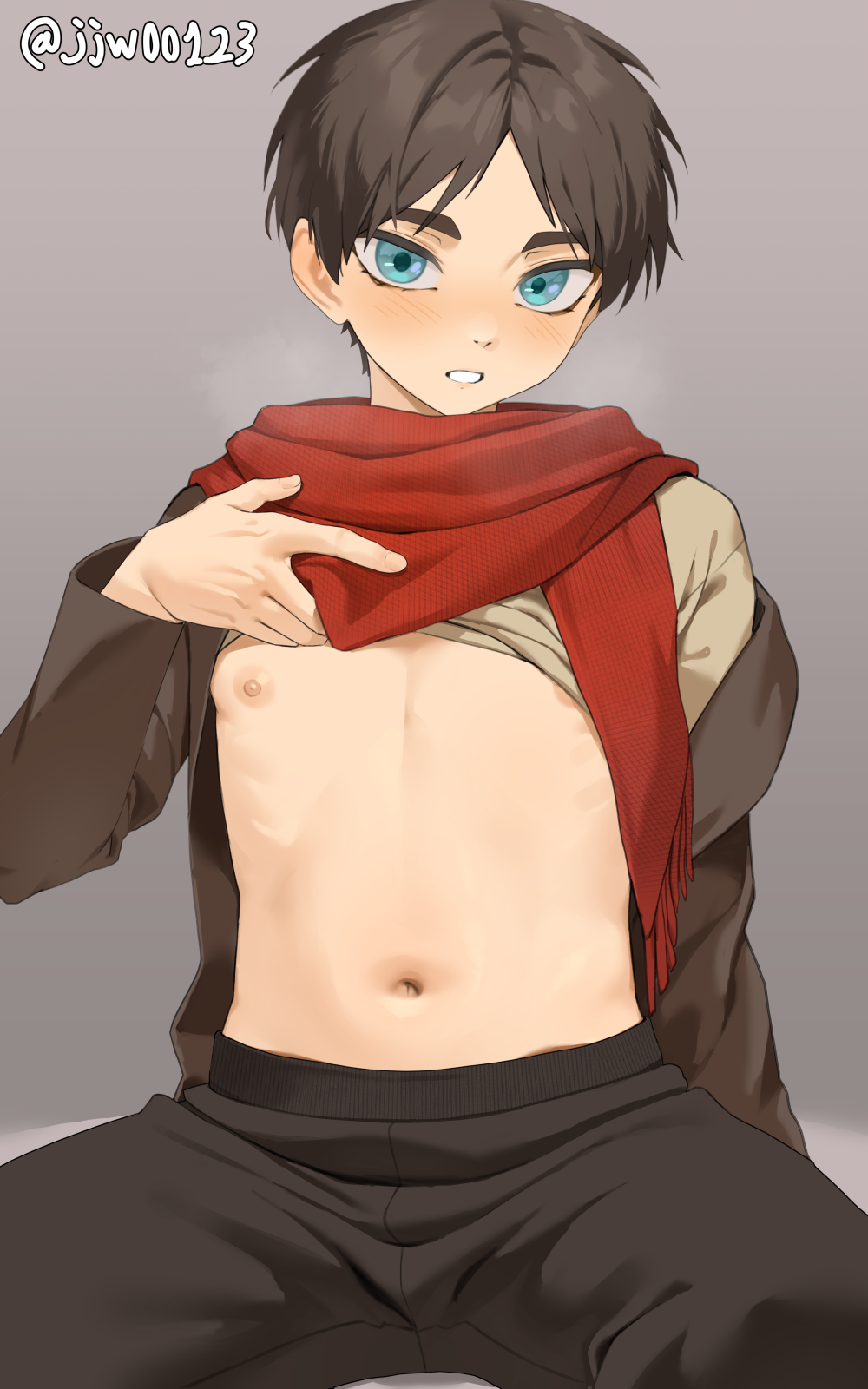 1boy blue_eyes blush brown_hair brown_jacket brown_pants clothes_lift commentary eren_yeager g1_(jjw00123) grey_background highres jacket lifting_own_clothes looking_at_viewer male_focus navel nipples open_clothes open_jacket paid_reward_available pants parted_lips red_scarf scarf shingeki_no_kyojin shirt shirt_lift short_hair simple_background sitting twitter_username yellow_shirt