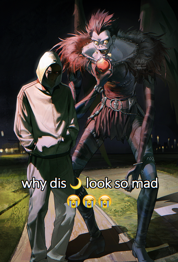 apple belt death_note food fruit grass hands_in_pockets hood hoodie jacket jnkku meme monster official_alternate_costume outdoors painterly pants ryuk shinigami sidewalk sweatpants track_jacket track_pants track_suit why_dis_ninja_look_so_mad_(meme) yagami_light