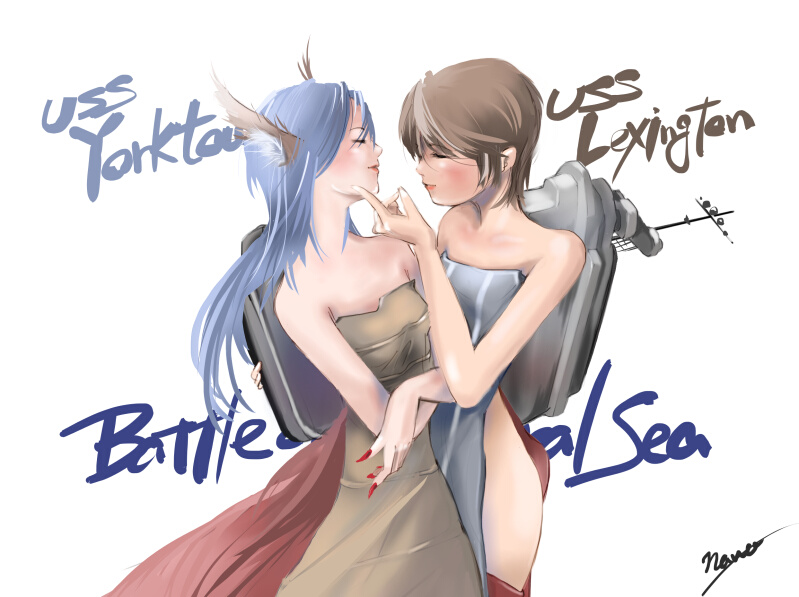 2girls aircraft_carrier animal_ears bare_shoulders blue_hair blush brown_hair character_name closed_eyes crossed_arms dress female_focus flight_deck lipstick long_hair makeup mecha_musume military military_vehicle multiple_girls nail_polish nano_(nanosize) original personification ship short_hair side_slit signature simple_background strapless strapless_dress warship watercraft white_background world_war_ii yuri