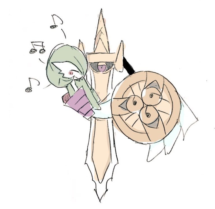 aegislash apios bad_id bad_pixiv_id bob_cut carrying closed_eyes colored_skin dress gardevoir gen_3_pokemon gen_6_pokemon green_hair green_skin holding holding_shield multicolored_skin musical_note nintendo one-eyed pokemon pokemon_(creature) princess_carry purple_eyes shield simple_background smile sword two-tone_skin weapon white_background white_dress white_skin