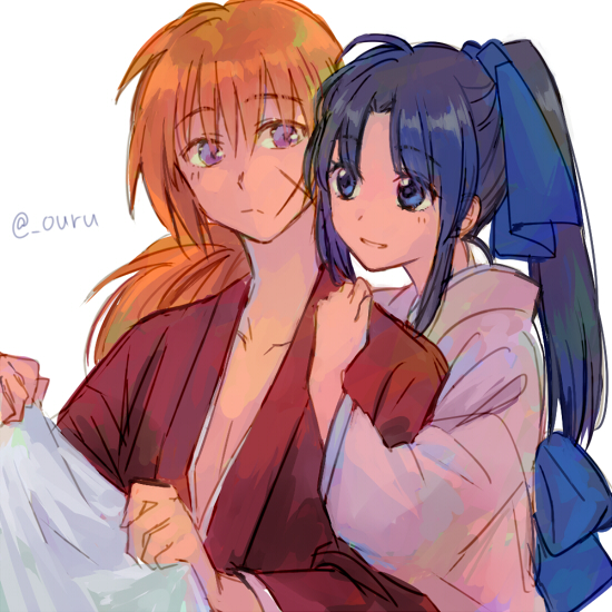 1boy 1girl black_hair blue_eyes blue_hair blue_ribbon blue_sash closed_mouth collarbone commentary_request cross_scar facial_scar hair_ribbon hand_on_another&#039;s_shoulder high_ponytail himura_kenshin holding japanese_clothes kamiya_kaoru kimono long_hair long_sleeves looking_at_another low_ponytail orange_hair ouru109 parted_lips pink_kimono ponytail purple_eyes red_kimono ribbon rurouni_kenshin sash scar scar_on_cheek scar_on_face sidelocks simple_background smile twitter_username upper_body white_background