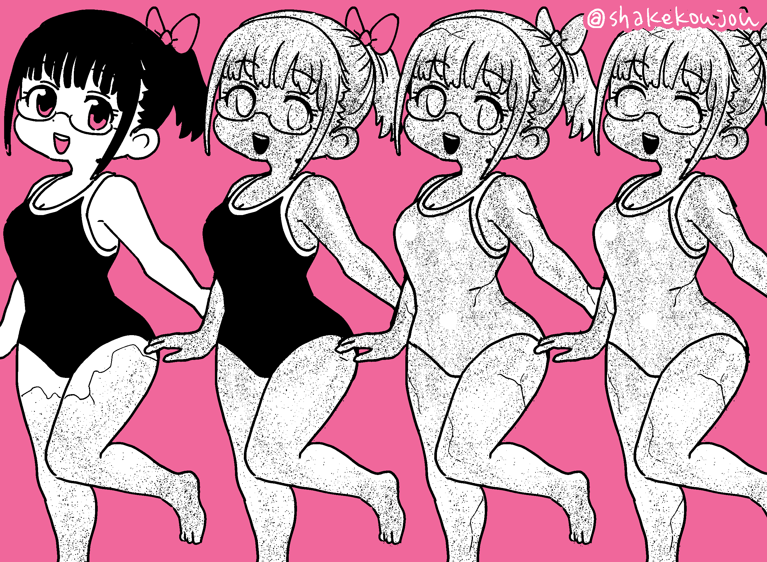 1girl breasts cleavage glasses highres looking_at_viewer medium_breasts monochrome one-piece_swimsuit open_mouth original petrification pink_background pink_eyes pink_theme ponytail school_swimsuit shake-o short_hair smile standing standing_on_one_leg statue swimsuit transformation twitter_username