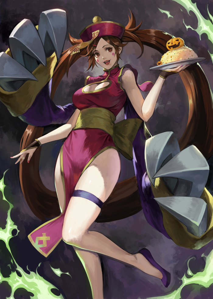 1girl absurdly_long_hair adapted_costume alternate_costume bell_sleeves blush_stickers breasts bridal_gauntlets brown_eyes brown_hair china_dress chinese_clothes claw_(weapon) cleavage cleavage_cutout clothing_cutout commentary cosplay darkstalkers dress english_commentary fire flats flipped_hair food foot_out_of_frame fried_rice green_fire guilty_gear guilty_gear_xrd hair_ornament hair_rings hairclip halloween halloween_costume hat holding holding_plate hsien-ko_(cosplay) jack-o&#039;-lantern kuradoberi_jam large_breasts hsien-ko long_hair long_sleeves mandarin_collar nail_polish ofuda open_mouth outstretched_arms pelvic_curtain phamoz pink_hat pink_nails plate purple_footwear qingdai_guanmao sash skindentation sleeves_past_wrists smile solo standing standing_on_one_leg teeth thigh_strap thighs trait_connection upper_teeth_only very_long_hair weapon yellow_sash