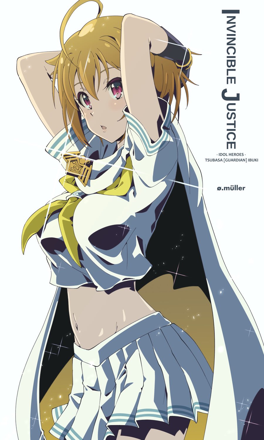 1girl ahoge arms_behind_head arms_up artist_name black_gloves blonde_hair cape character_name cowboy_shot crop_top gloves highres ibuki_tsubasa idol_heroes_(idolmaster) idolmaster idolmaster_million_live! midriff mighty_sailor miniskirt navel neckerchief oomura_karasu parted_lips pleated_skirt red_eyes shirt short_hair short_sleeves simple_background skirt solo stomach white_background white_cape white_shirt white_skirt yellow_neckerchief