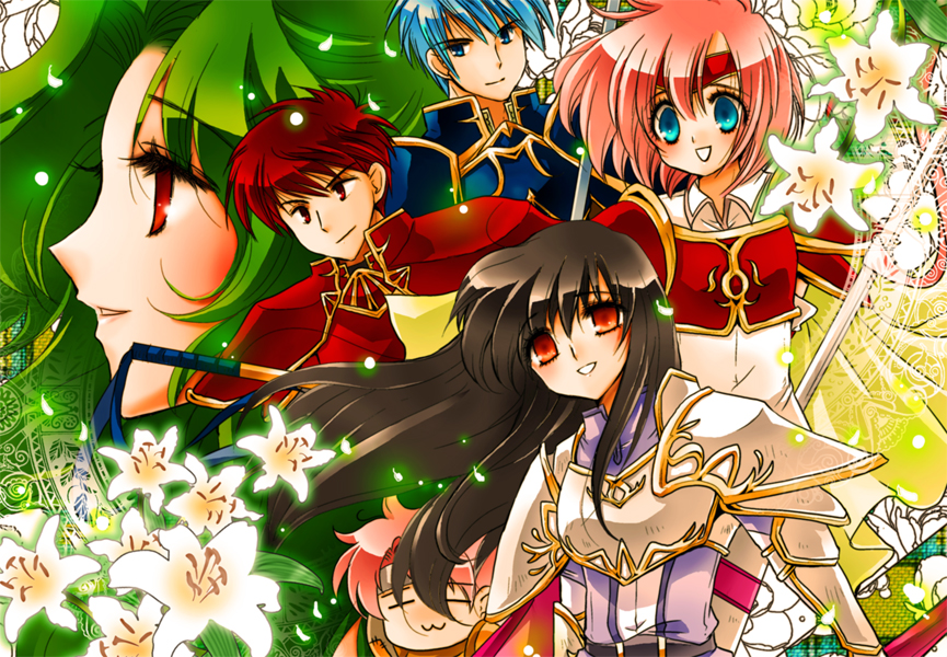 3boys 3girls :3 :d armor astrid_(fire_emblem) black_hair blue_eyes blue_hair cape dreamsaga elincia_ridell_crimea fire_emblem fire_emblem:_radiant_dawn flower geoffrey_(fire_emblem) green_hair headband kieran_(fire_emblem) long_hair makalov_(fire_emblem) marcia_(fire_emblem) multiple_boys multiple_girls nintendo open_mouth pink_hair polearm red_eyes red_hair short_hair smile weapon