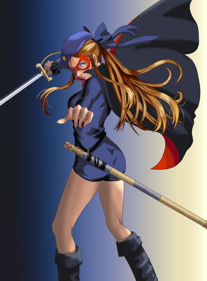 1970s_(style) 1girl beret blue_eyes boots brown_hair cape dress female_focus fourfour gradient_background hat la_seine_no_hoshi long_hair mask oldschool retro_artstyle simone_(la_seine_no_hoshi) solo sunrise_(company) sword weapon