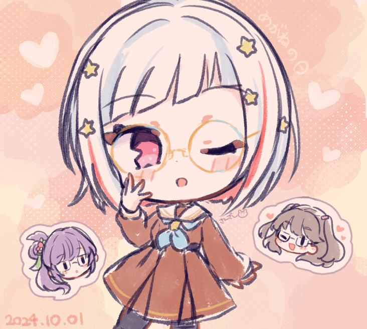 3girls :o ;d ;o aqua_neckerchief bespectacled black-framed_eyewear black_pantyhose bob_cut brown_dress brown_hair chibi chibi_inset chibi_only colored_inner_hair commentary cowboy_shot dated diagonal_bangs dress flower fujishima_megumi glasses glasses_day grey_hair hair_bun hair_flower hair_ornament hasu_no_sora_school_uniform head_only inverted_bob link!_like!_love_live! long_hair long_sleeves love_live! medium_dress multicolored_hair multiple_girls neckerchief one_eye_closed open_mouth otomune_kozue pantyhose pleated_dress purple_hair red_eyes red_flower red_hair round_eyewear sailor_collar sailor_dress sanzashi_(dandelion3373) school_uniform short_hair side_ponytail sidelocks single_side_bun smile star_(symbol) star_hair_ornament streaked_hair symbol-only_commentary two_side_up virtual_youtuber white_sailor_collar winter_uniform yugiri_tsuzuri |_|