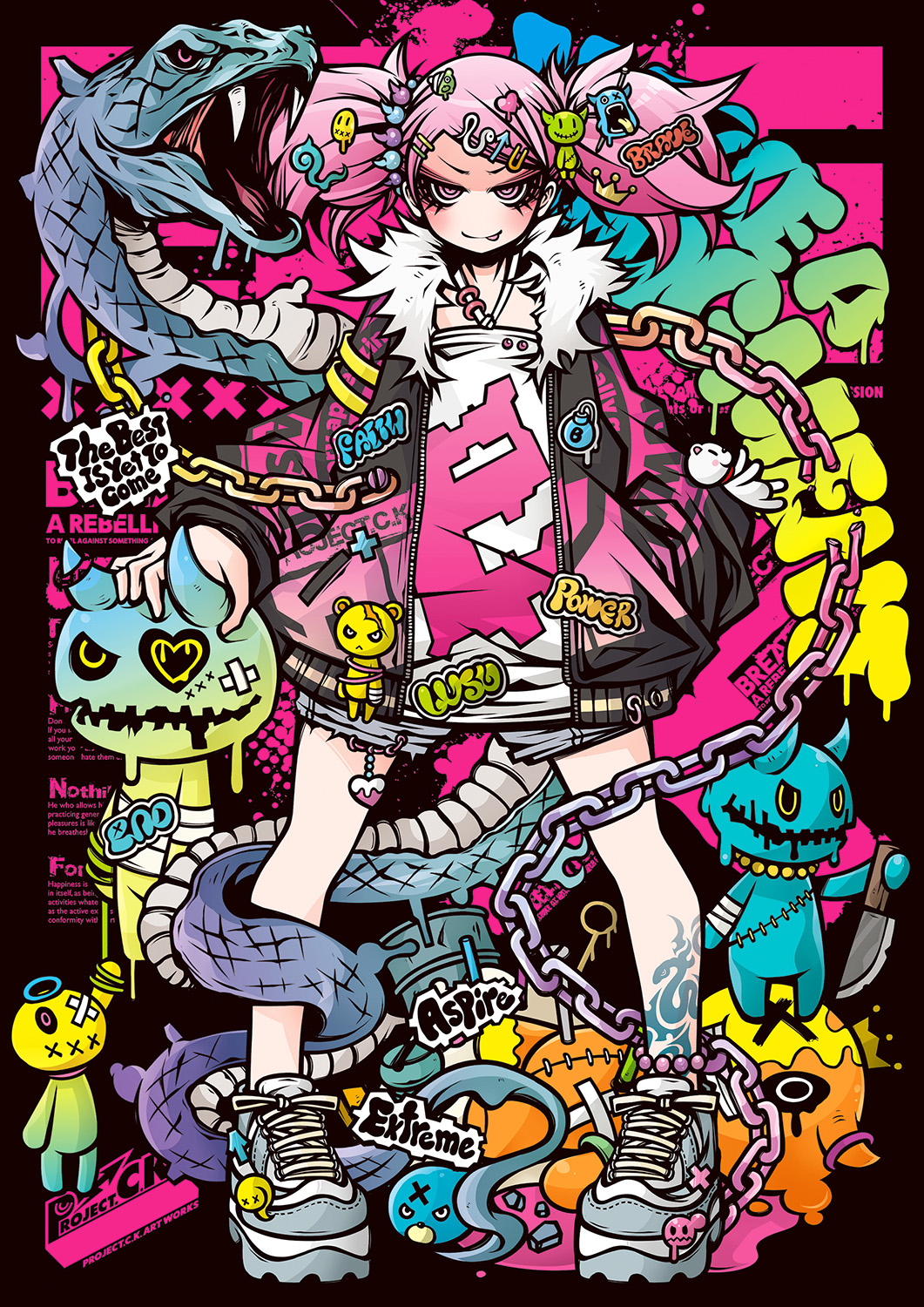 1girl 2025 absurdly_detailed_composition animal bandages chain chinese_zodiac decora directional_arrow_hair_ornament dress emoji_hair_ornament english_text engrish_text forked_tongue giant_snake graffiti gyaru halter_dress halterneck highres lock nengajou new_year original oversized_animal padlock profanity project.c.k. punk ranguage rokku_gyaru shoes shorts snake sneakers stuffed_toy tattoo thumb_ring tongue twintails wallet_chain year_of_the_snake