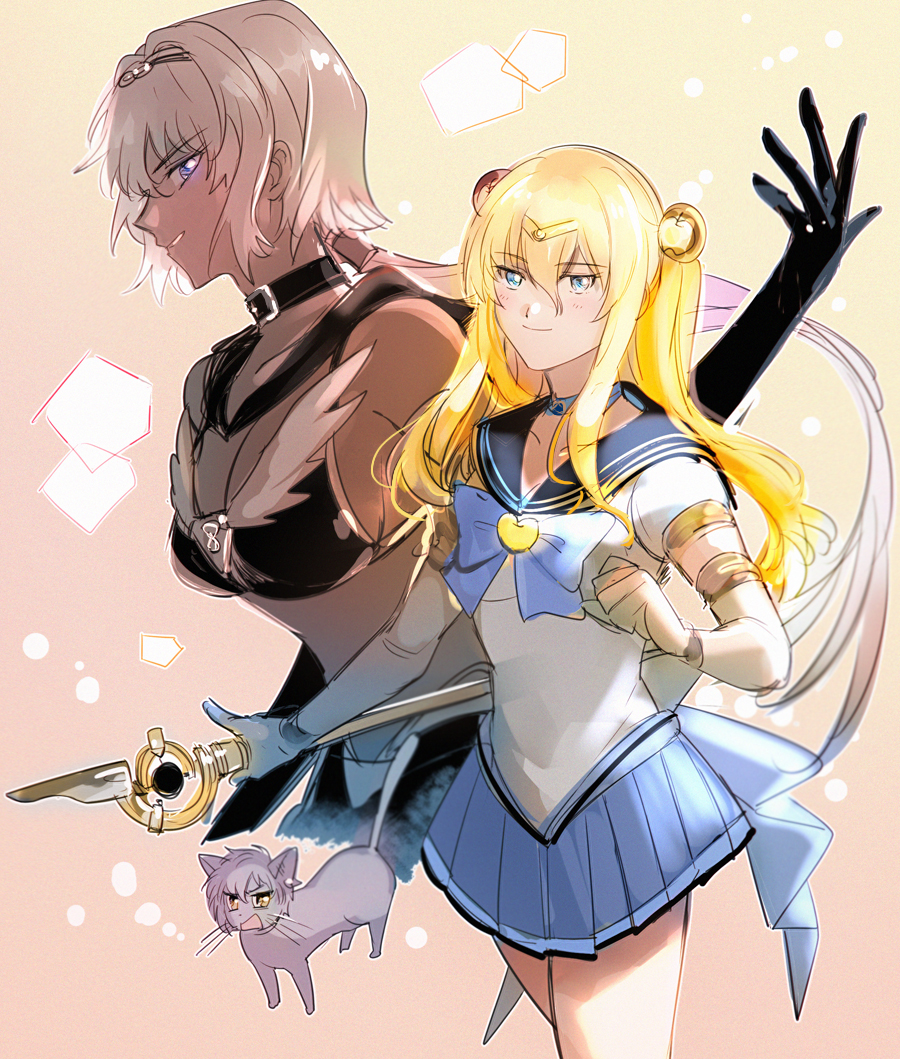 1boy 1girl aki_(neyuki41028) animalization apple_brooch apple_hair_ornament bare_shoulders belt_collar bikini bishoujo_senshi_sailor_moon bishoujo_senshi_sailor_moon_stars black_bikini black_choker black_gloves black_sailor_collar blonde_hair blue_bow blue_bowtie blue_choker blue_eyes blue_sailor_collar blue_skirt bow bowtie breasts brooch caenis_(fate) cat choker cleavage clenched_hand closed_mouth collar cosplay crossdressing dark-skinned_female dark_skin elbow_gloves fate/grand_order fate_(series) food-themed_brooch food-themed_hair_ornament fruit_brooch gloves gold_trim grey_cat hair_between_eyes hair_ornament hand_up holding holding_staff jewelry kadoc_zemlupus kirschtaria_wodime light_blush long_hair looking_at_viewer luna_(sailor_moon) luna_(sailor_moon)_(cosplay) parted_lips pleated_skirt ponytail_holder puffy_short_sleeves puffy_sleeves sailor_collar sailor_moon sailor_moon_(cosplay) sailor_star_fighter sailor_star_fighter_(cosplay) shirt short_sleeves skirt smile staff swimsuit tiara twintails white_gloves white_hair white_shirt yellow_brooch yellow_eyes