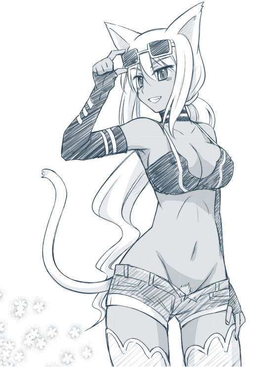 1girl animal_ears cat_ears cat_tail dark-skinned_female dark_skin elbow_gloves emon female_focus female_pubic_hair fingerless_gloves gloves kaiten_muten-maru long_hair micro_shorts monochrome navel ponytail pubic_hair shamu_meruruusa short_shorts shorts smile solo sunglasses tail thighhighs unbuttoned undressing zettai_ryouiki