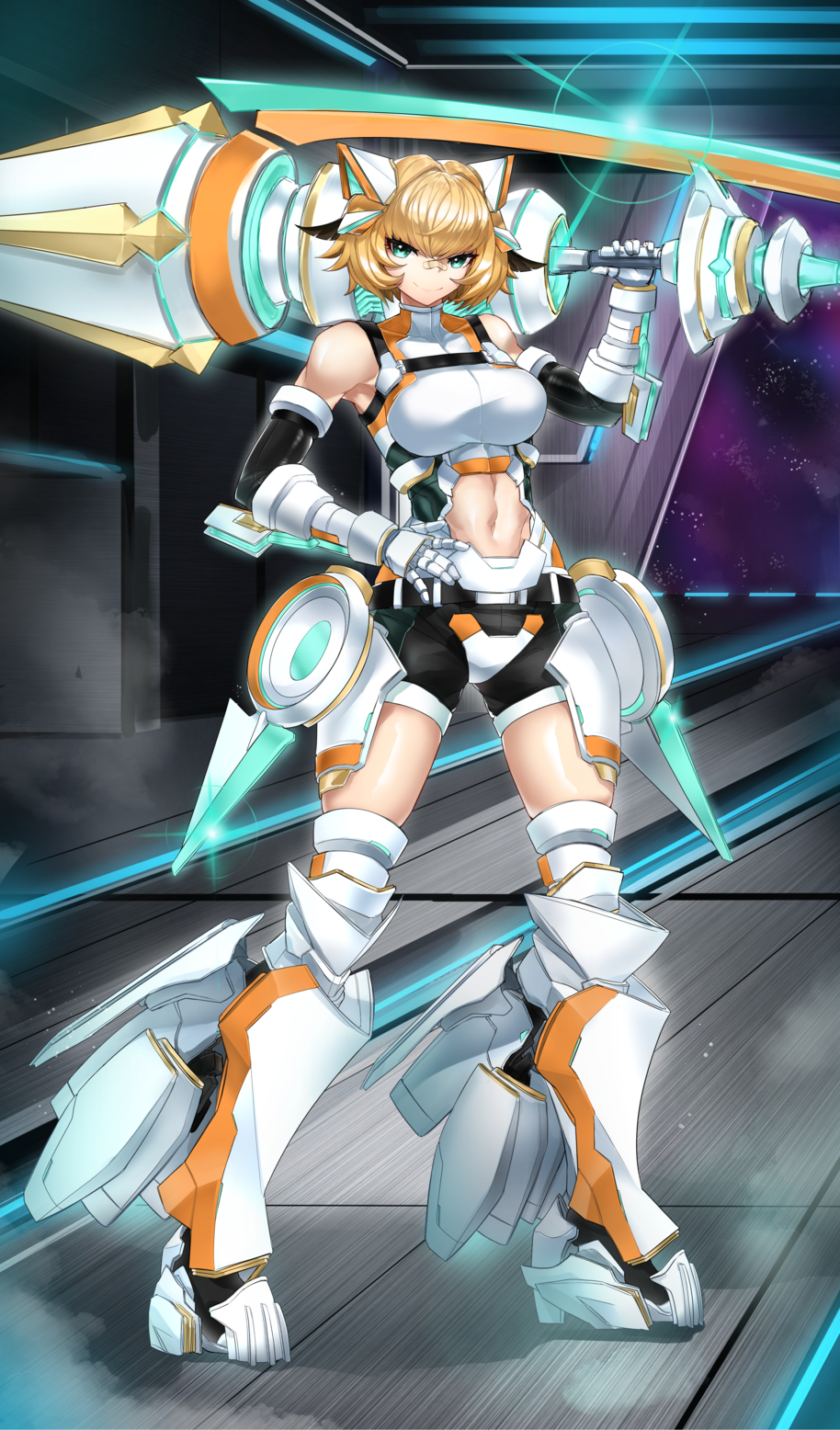 1girl alternate_breast_size alternate_costume armor armored_boots armpits bandaid bandaid_on_face bandaid_on_nose bare_shoulders belt black_belt black_hair black_shorts blonde_hair bodysuit boots breasts carrying_over_shoulder casul closed_mouth clothing_cutout commentary covered_collarbone fate/grand_order fate_(series) full_body gareth_(fate) gauntlets glint green_eyes groin hair_intakes hand_on_own_hip headgear highres holding holding_lance holding_polearm holding_weapon huge_weapon indoors lance large_breasts looking_at_viewer mecha_musume midriff multicolored_hair navel navel_cutout polearm shadow short_hair short_shorts shorts sidelocks skindentation sleeveless sleeveless_bodysuit smile solo space spacecraft standing two-tone_hair weapon white_armor white_bodysuit
