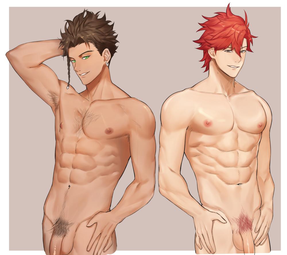 2boys abs arm_up armpit_hair armpits braid brown_eyes brown_hair completely_nude dark-skinned_male dark_skin green_eyes male_focus multiple_boys muscular muscular_male nipples nude original penis pubic_hair red_hair short_hair smile teeth testicles zhineart