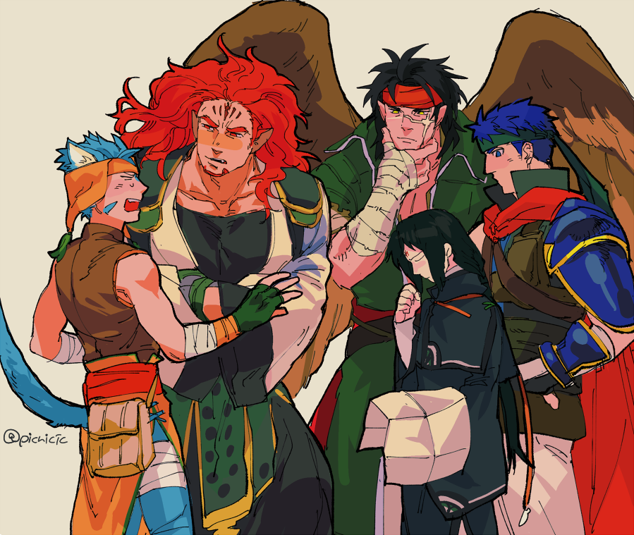 5boys animal_ears armor beard black_hair blue_eyes blue_hair cape cat_boy cat_ears commentary_request cross_scar dark-skinned_male dark_skin facial_hair facial_mark fingerless_gloves fire_emblem fire_emblem:_radiant_dawn forehead_mark gloves headband holding holding_map ike_(fire_emblem) laguz_(fire_emblem) lion_boy long_hair male_focus map multiple_boys muscular muscular_male nintendo pauldrons picnicic pointy_ears ranulf_(fire_emblem) red_hair scar scar_on_face short_hair shoulder_armor simple_background single_pauldron skrimir_(fire_emblem) soren_(fire_emblem) tail tibarn_(fire_emblem) twitter_username wings