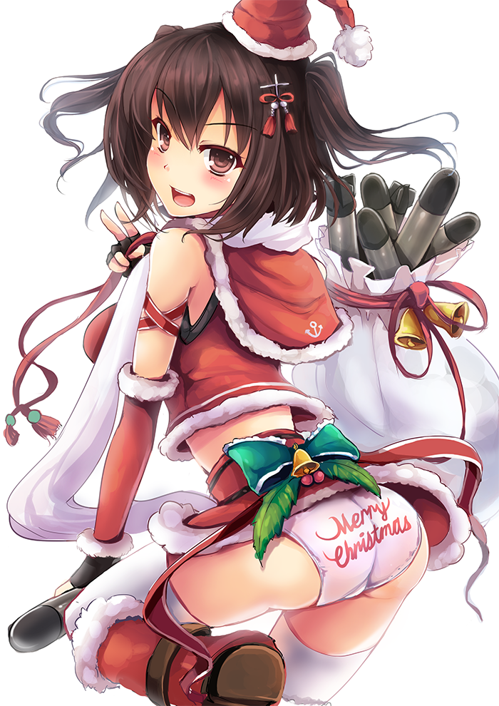 10s 1girl alternate_costume anchor_symbol ass bell bow christmas clothes_writing female_focus fingerless_gloves gloves goushou hair_ornament hat holding jingle_bell kantai_collection leaf long_hair looking_at_viewer looking_back merry_christmas open_mouth panties pink_panties print_panties sack santa_costume santa_hat scarf sendai_(kancolle) sendai_kai_ni_(kancolle) simple_background solo thighhighs torpedo two_side_up underwear white_background white_scarf white_thighhighs