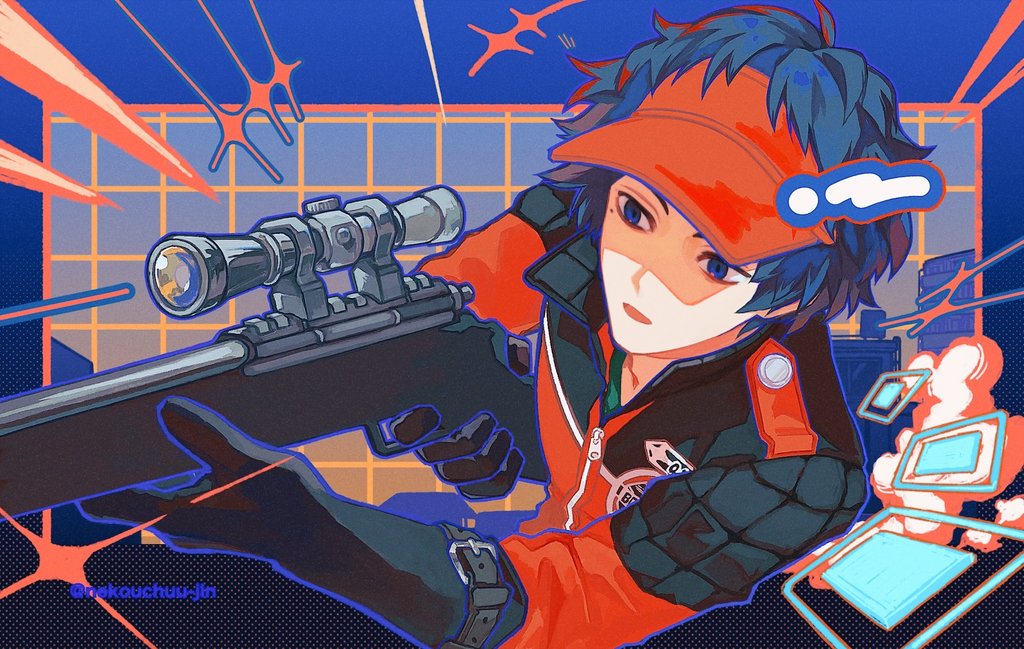 1boy black_eyes black_gloves black_hair black_jacket blue_background elbow_gloves gloves gun hat holding holding_gun holding_weapon jacket long_sleeves male_focus mole mole_under_eye multicolored_jacket nekouchuu_jin oki_kouji open_mouth red_hat red_jacket rifle short_hair sniper_rifle solo twitter_username two-tone_jacket upper_body visor_cap weapon world_trigger
