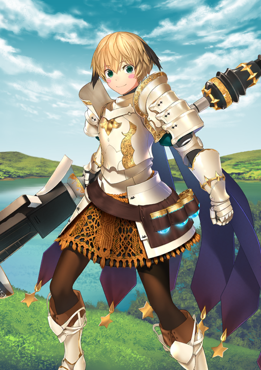 1girl armor armored_boots belt blonde_hair blue_sky blush_stickers boots breastplate brown_belt brown_boots brown_pantyhose brown_skirt closed_mouth cloud couter day fate/grand_order fate_(series) faulds feet_out_of_frame game_cg gareth_(fate) gareth_(third_ascension)_(fate) gauntlets gold_trim green_eyes green_shirt hair_between_eyes holding holding_polearm holding_weapon juliet_sleeves lake legs_apart long_sleeves looking_at_viewer miniskirt nekotawawa official_art pantyhose pauldrons polearm puffy_sleeves shirt short_hair shoulder_armor skirt sky smile solo standing third-party_source variant_set weapon white_armor